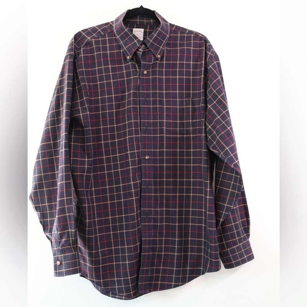 BROOKS BROTHERS Men's Polo 346 Dress Shirt Size Large Black Checked Long Sleeve